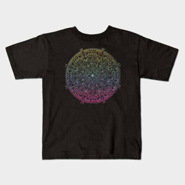 Colorful Mandala on Black Kids T-Shirt by Megrasaurous